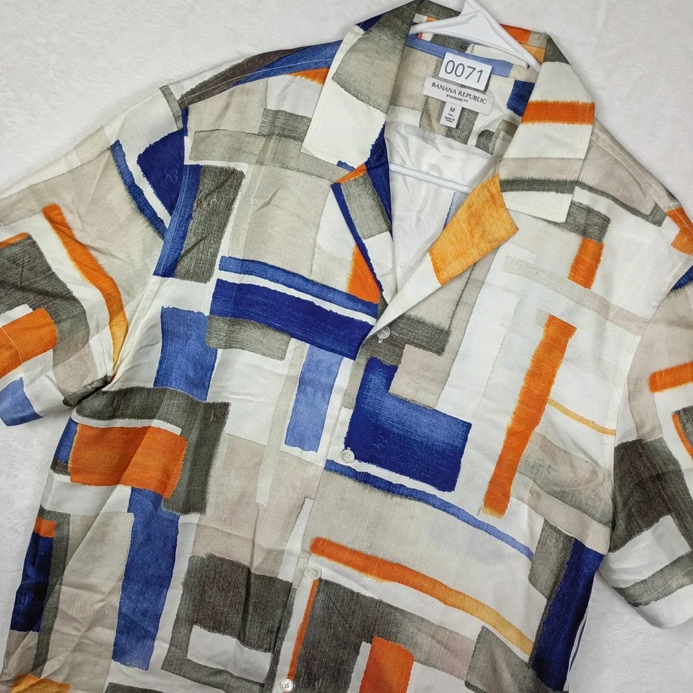 Banana Republic Mens M Tall Silk Abstract Geometric Camp Shirt Blue Orange White